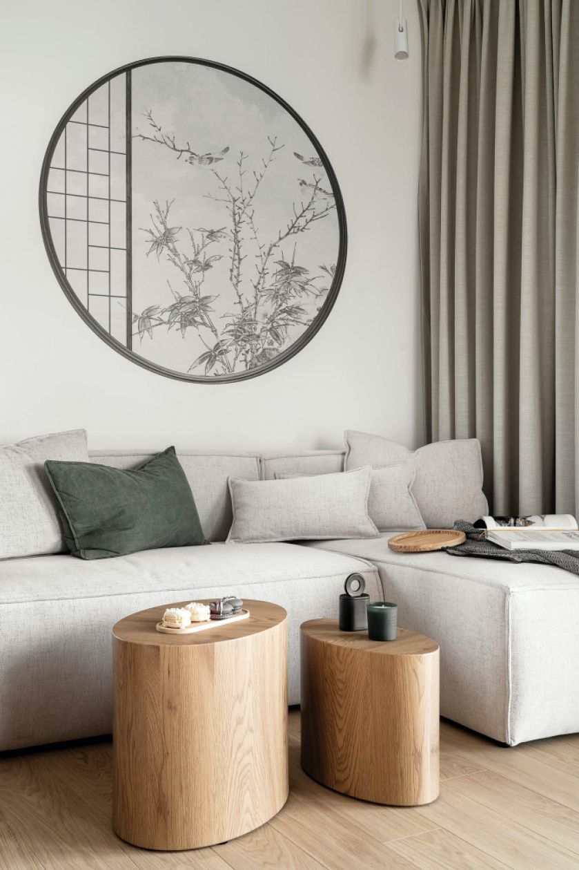 salonu w stylu japandi w mieszkaniu 38 m2