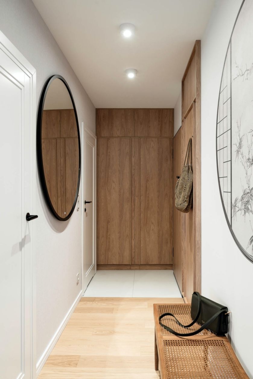 mieszkanie 38 m2 aranżacja przedpokoju w stylu japandi
