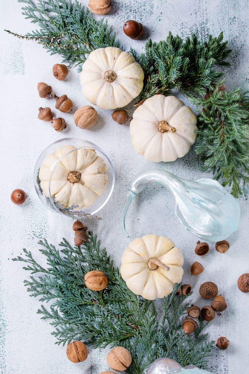 pomysły na dekoracje stołu z białą dynią