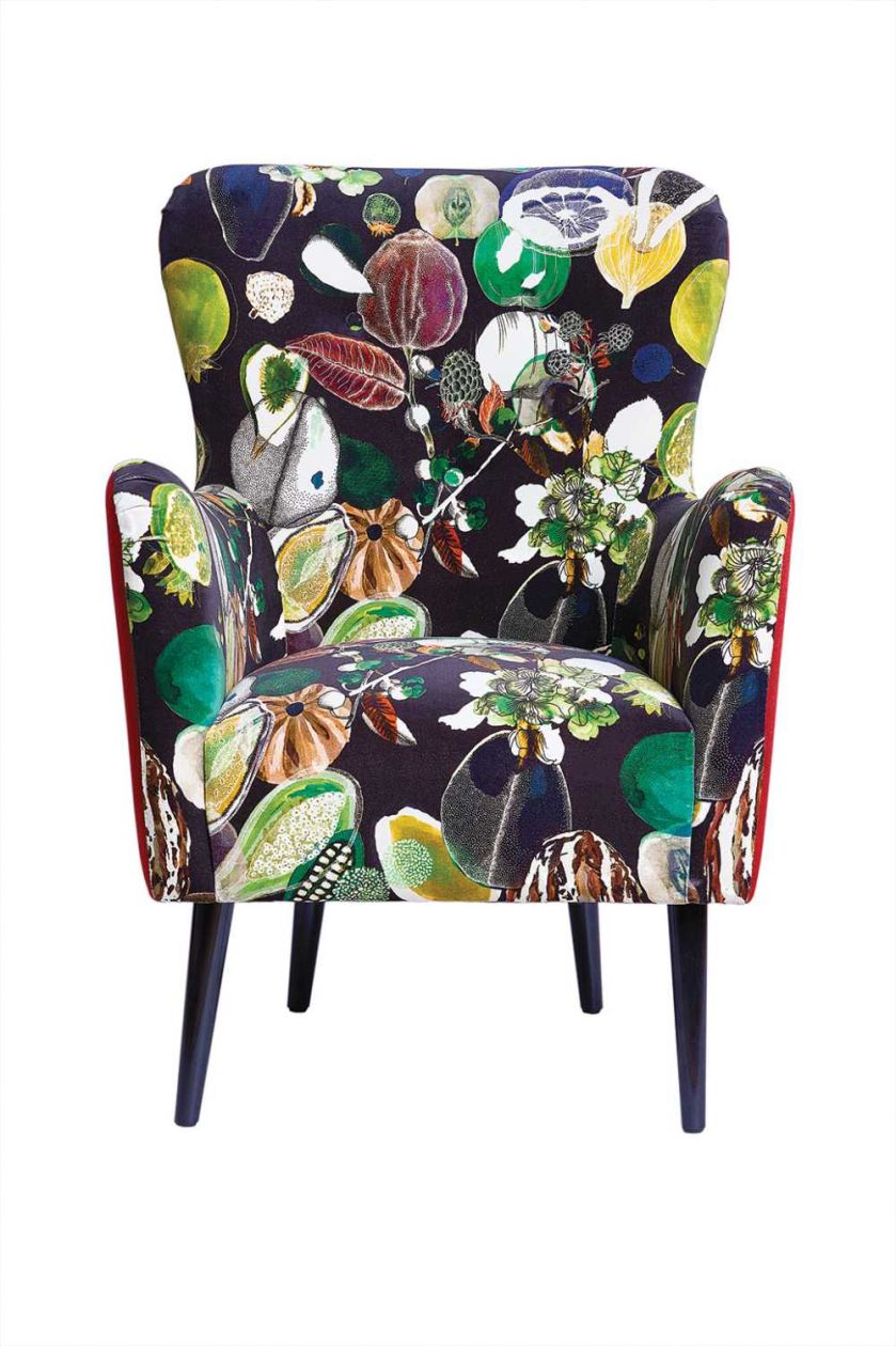 Zgrabny klubowy fotel w tkaninie w kwiaty i owoce, DECODORE