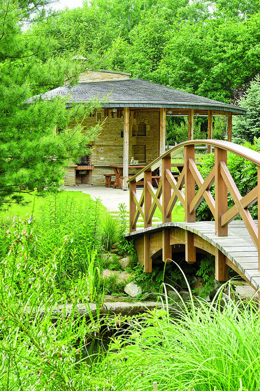 Mostek z egzotycznego drewna oplata glicynia.