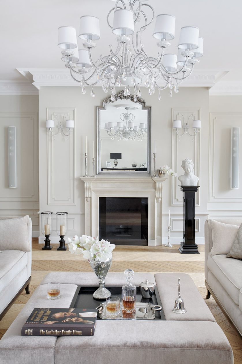 salon z kominkiem w stylu francuskim aranżacje