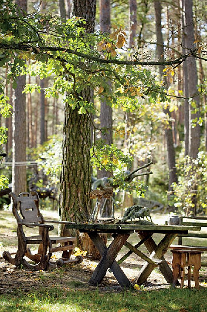 Anna Dębska rzeźbi zwierzęta. Jej drewniany dom stoi w lesie, a pomiędzy drzewami stoi mnóstwo rzeźb.