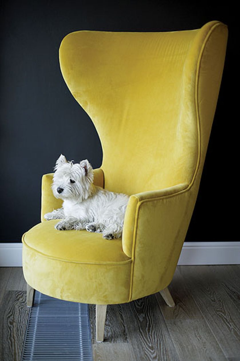 Fotel to klasyczny uszak z lat 60., który w nowym obiciu wygląda jak współczesny, dizajnerski mebel.
