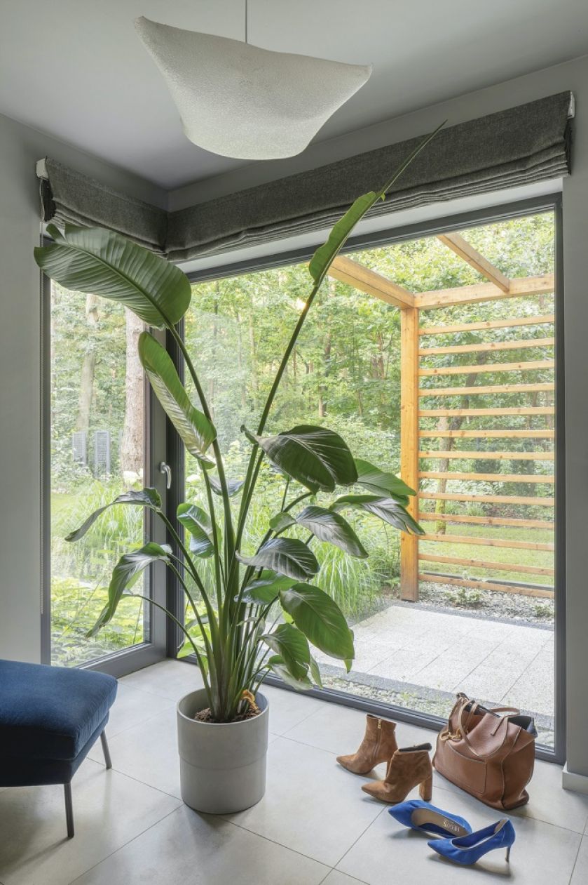 nowoczesna sypialnia w domu z widokiem na las