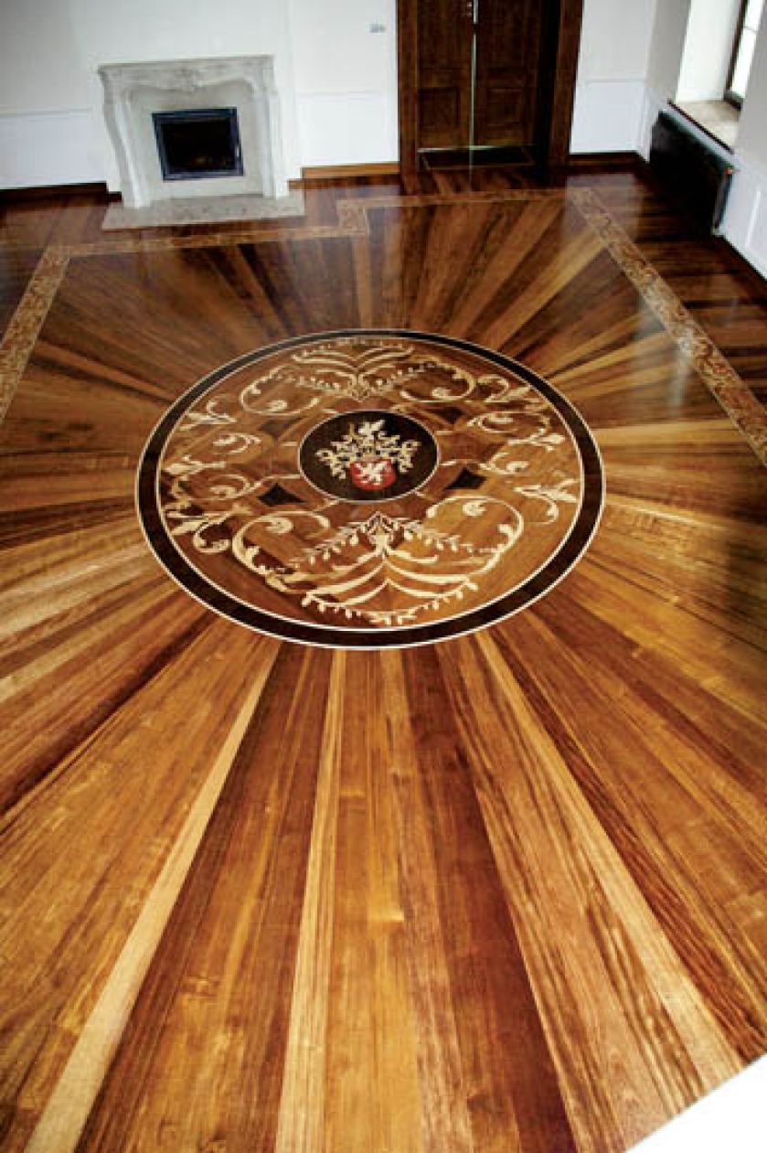 Podłoga merbau, rozeta z merbau, avodire i wenge. RENESANSOWE MOZAIKI