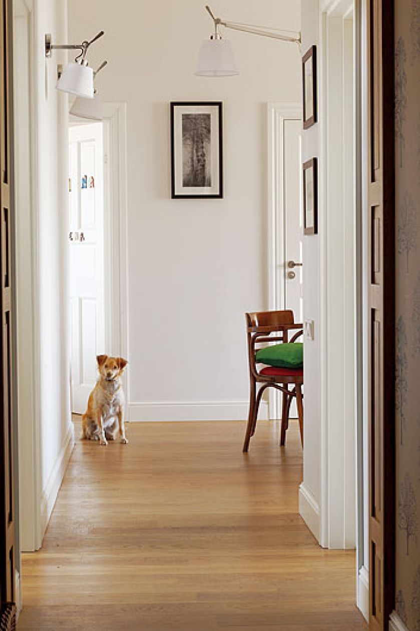 Podłogi w całym mieszkaniu są wyłożone dębowymi deskami, solidnymi i ciepłymi.