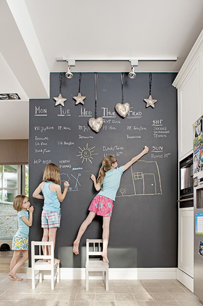 Ściana pomalowana tablicówą pozwala dzieciom malować po ścianie, a rodzicom zapisywać informacje