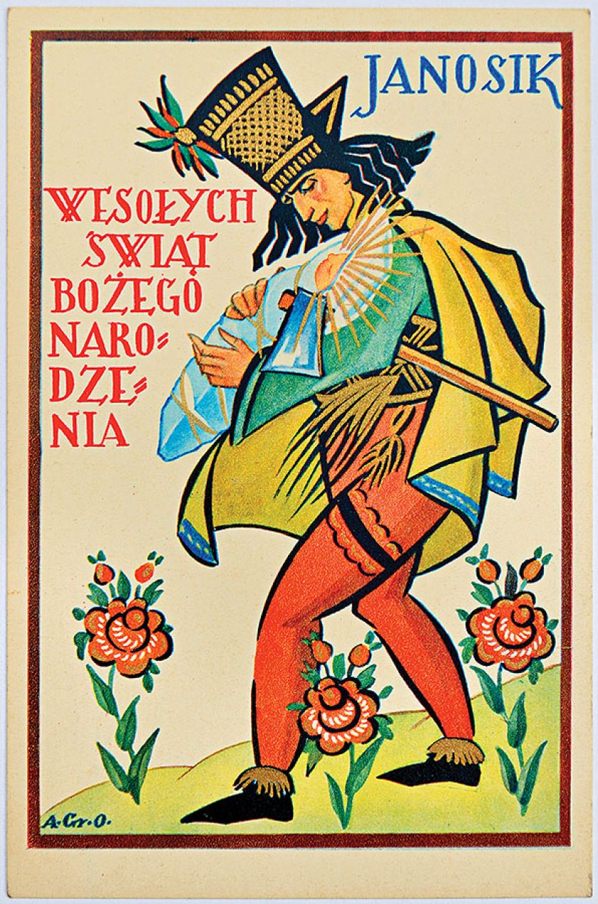 Janosik z Dzieciątkiem, proj. Anna Gramatyka-Ostrowska, pocztówka drukowana z użyciem złotej farby, lata 20.-30. XX w.