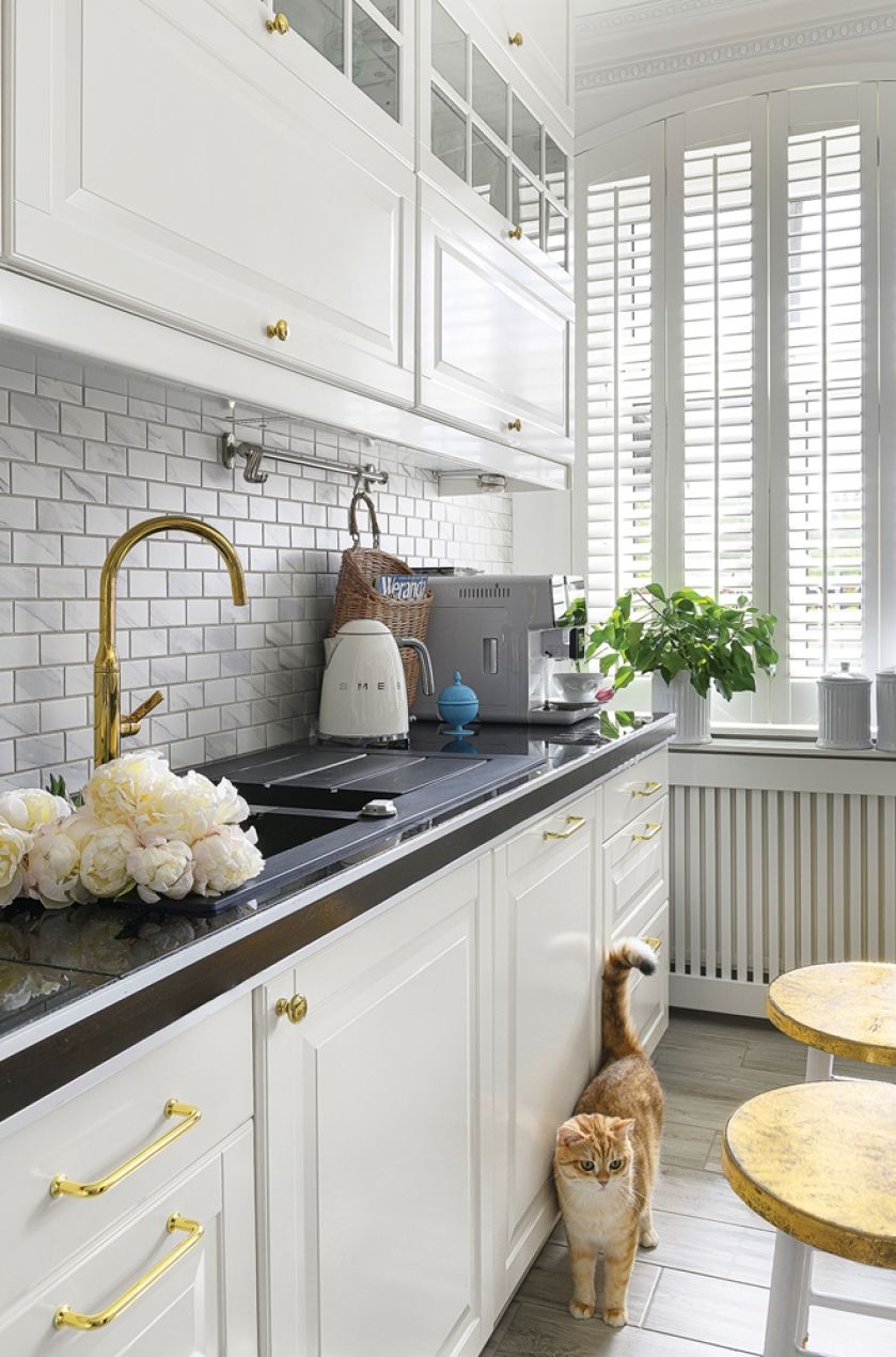 białe szafki kuchenne ze złotymi uchwytami