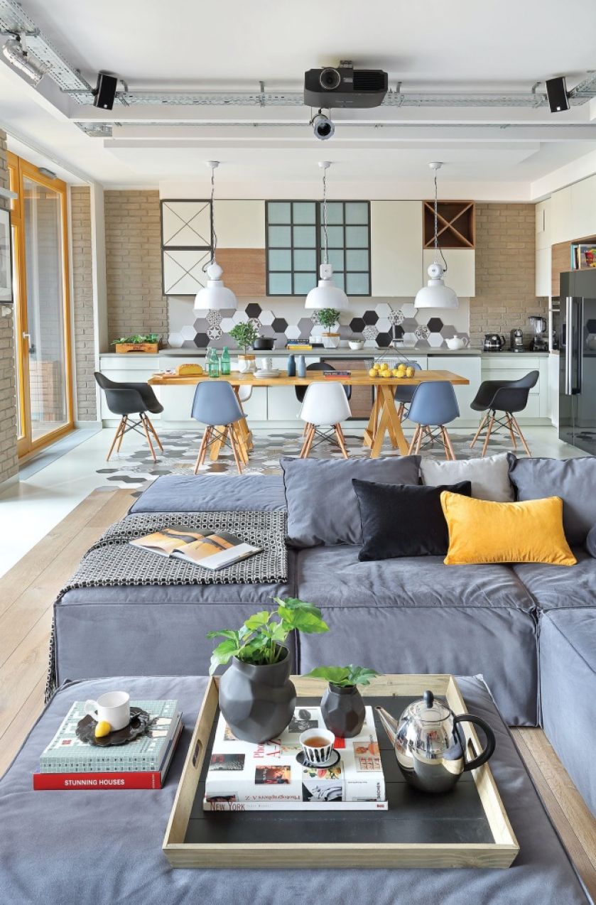 salon z kuchnią styl nowoczesny