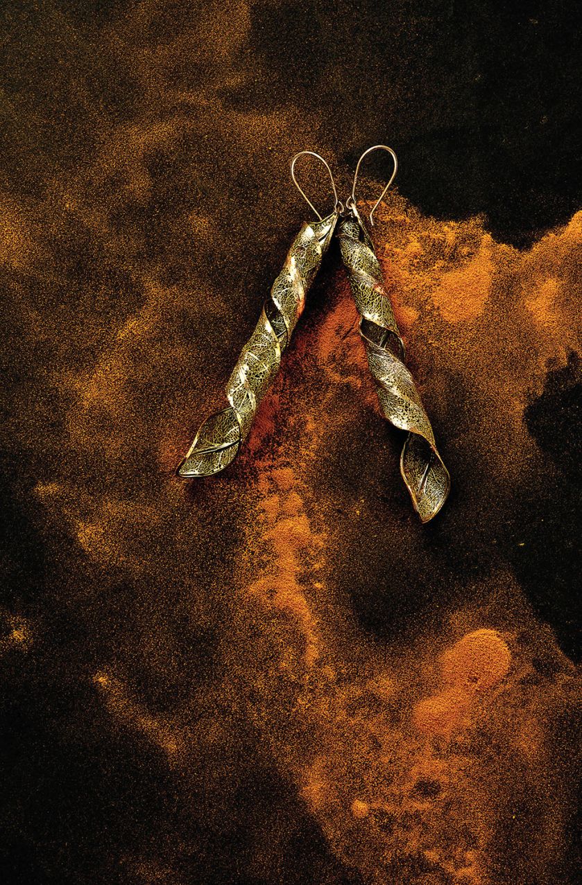 Ewa Rudowska wyczyszczone fragmenty liści pokrywa miedzią, galwanizuje srebrem albo złotem, a potem układa w