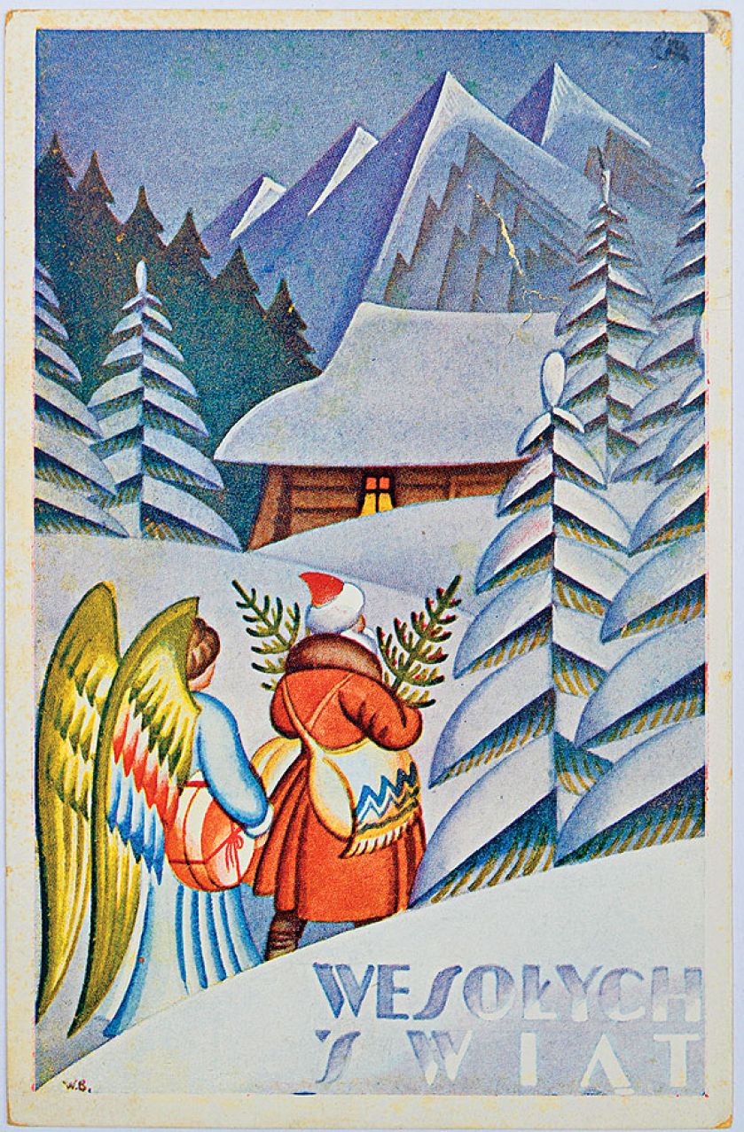 Wacław Boratyński, kartka z Mikołajem i Aniołem Stróżem, art deco