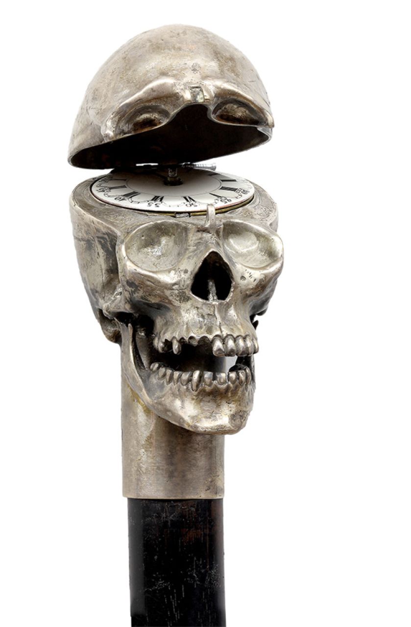 Uchwyt w kształcie trupiej czaszki z zegarem, prawdopodobnie laska masońska, XIX w., Niemcy