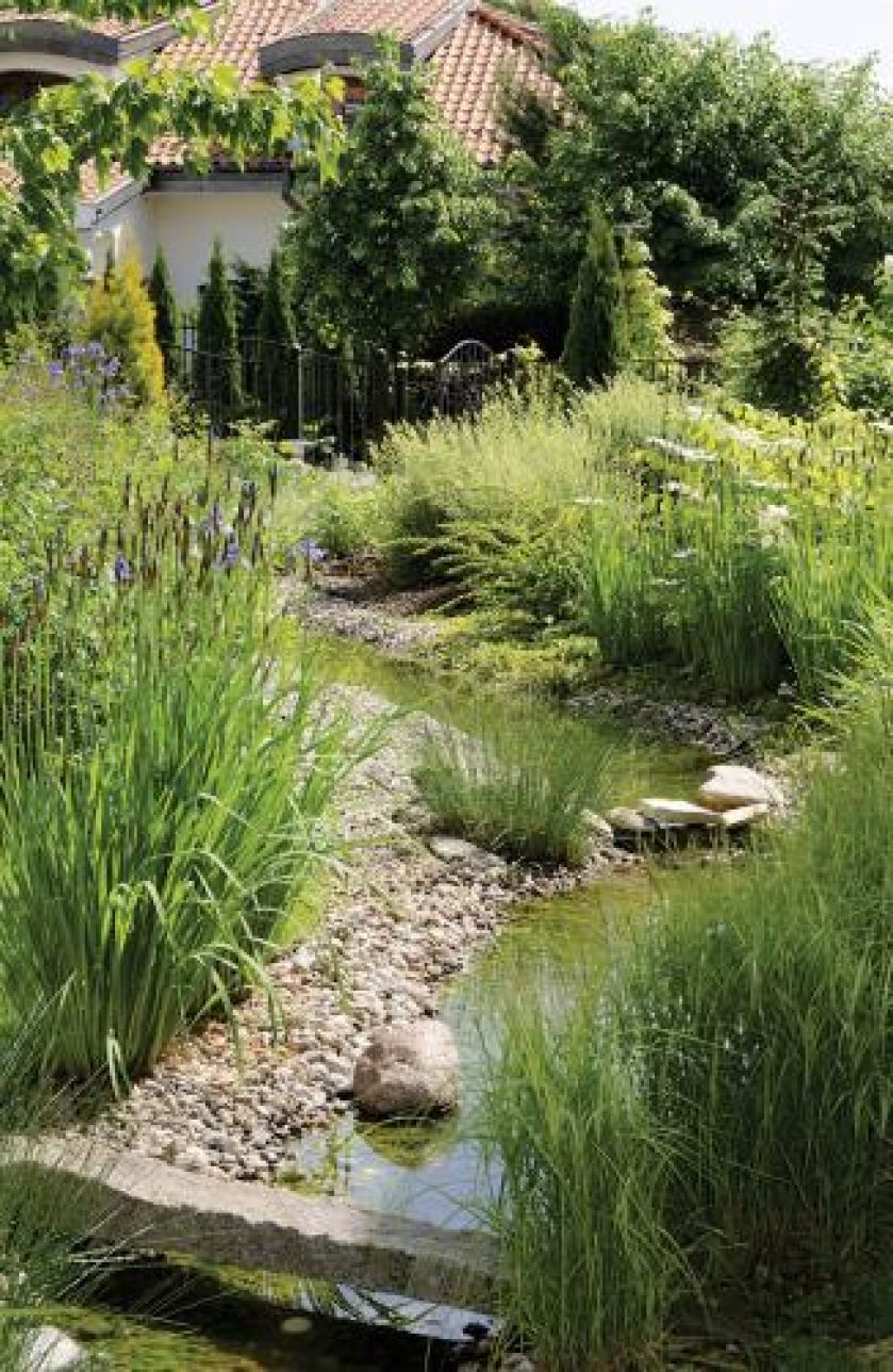 Kamienna kładka nad strumykiem. Ogród nad Wilanówką