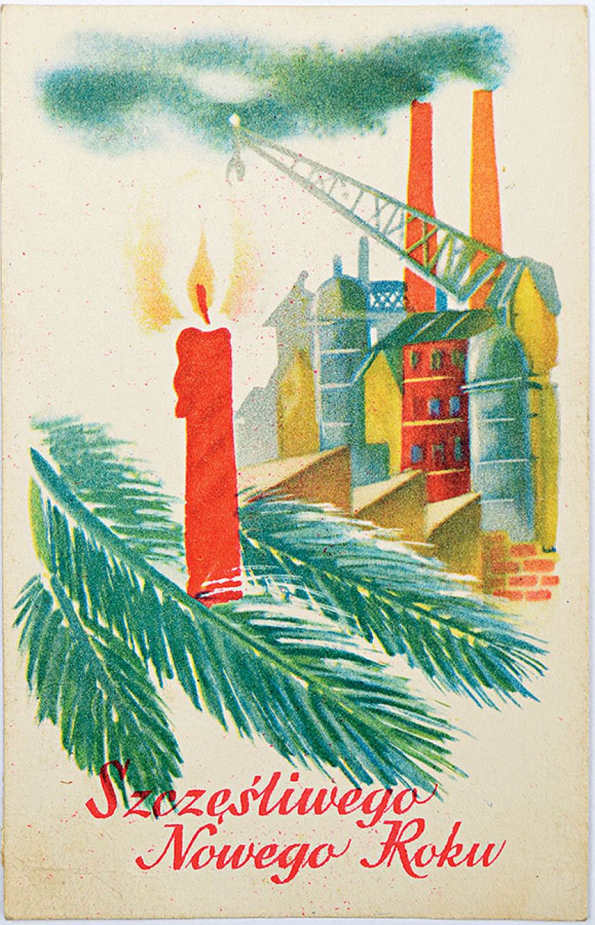 Pocztówka z widokiem fabryki i dymiących kominów.