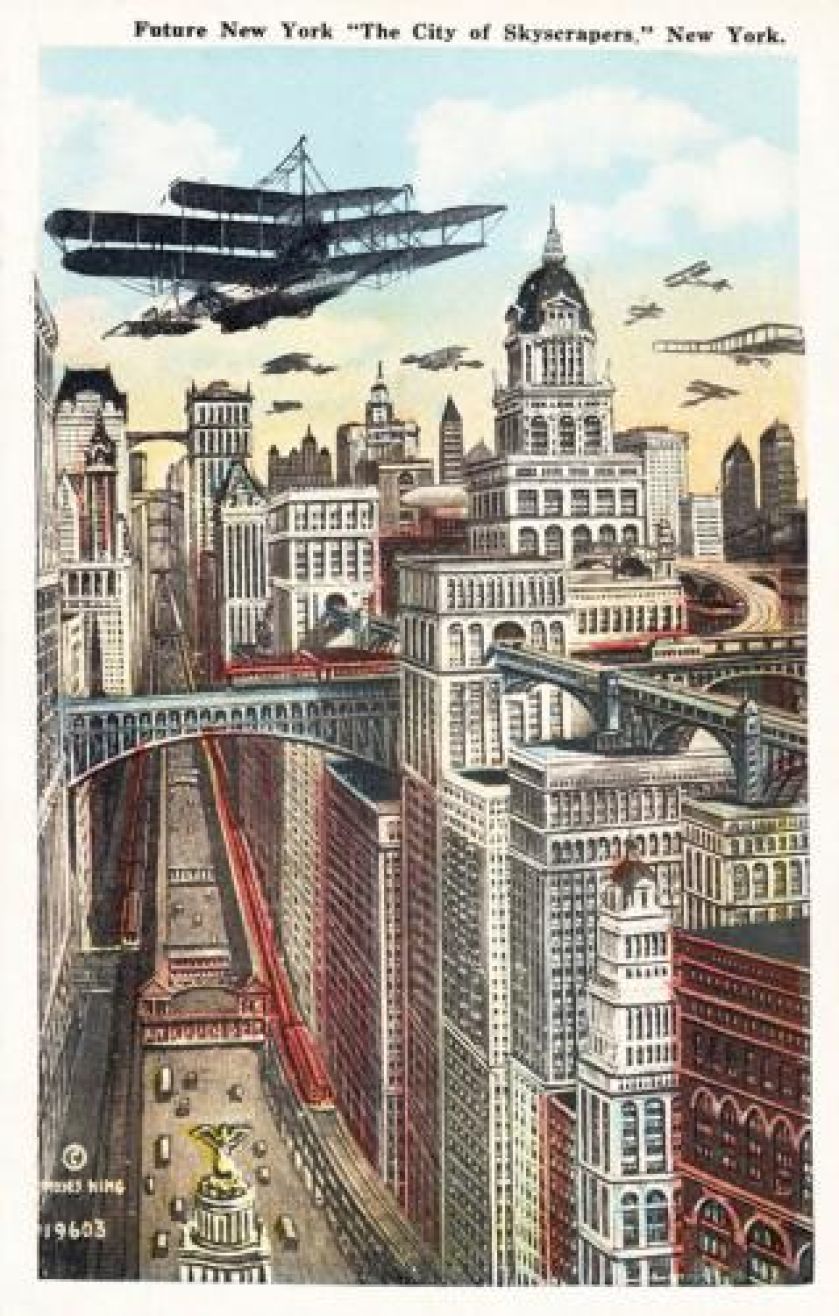 Kartka z futurystyczną wizją Nowego Jorku, 1925 r., fot. CORBIS