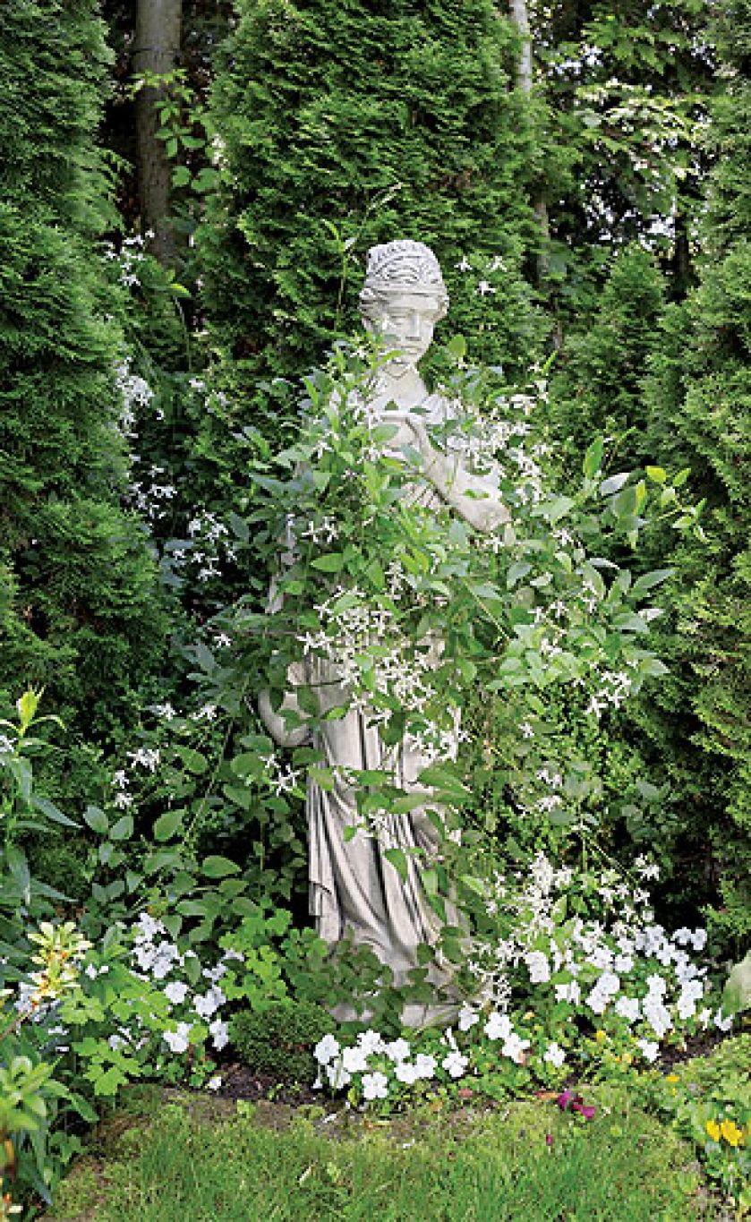 Betonowa rzeźba dziewczyny z dzbanem opleciona malowniczo powojnikiem.