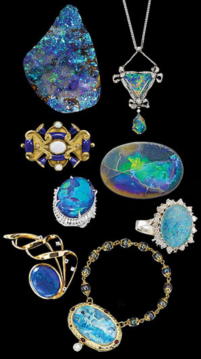 Od góry: czarny opal australijski, bonhams.com, naszyjnik z opalem i diamentami, początek XX w.,