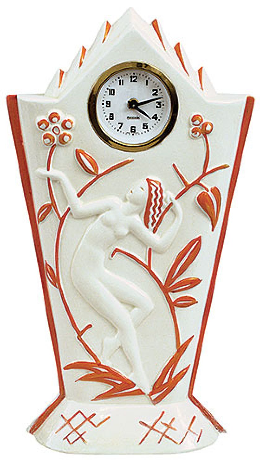 Fajansowy zegar w stylu art déco z reliefową dekoracją, Niemcy, lata 20./30. XX w. cw 1700 zł, niesprzedany, Rempex.