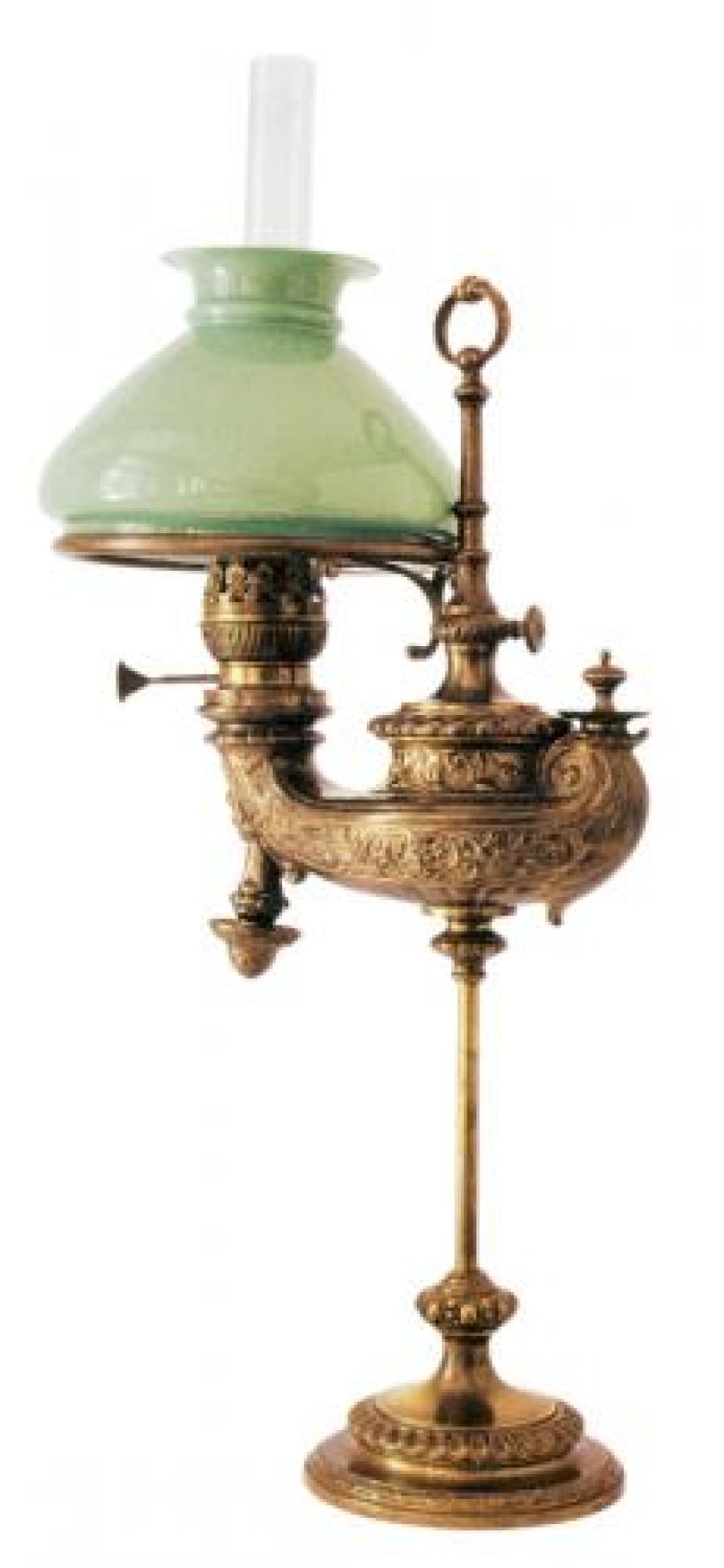 Lampa stołowa firmy Wild Wessel, zbiornik w kształcie lampy oliwnej, Berlin, II poł. XIX w., Muzeum Podkarpackie w