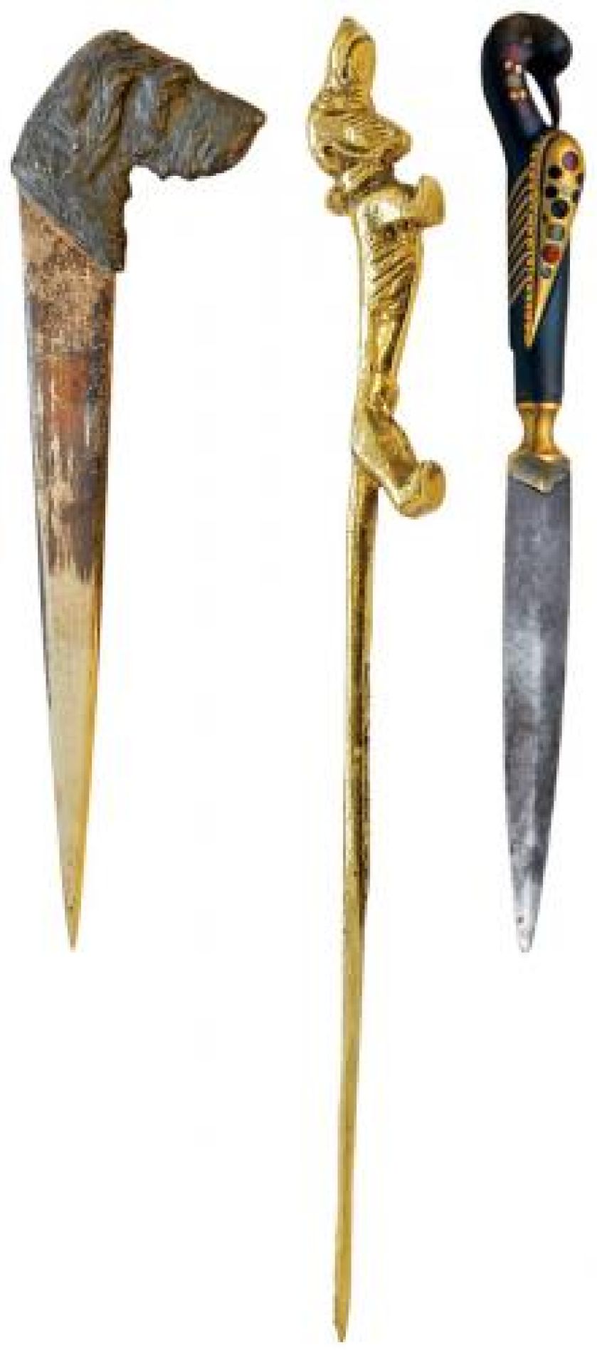 Nóż cynowy z głową psa. Nóż w kształcie jamnika. Kordzik z rękojeścią w formie ptaka, 1. poł. XX w., DESA UNICUM.