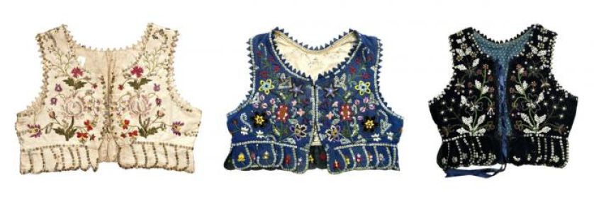 Gorset ślubny z białego atłasu, wyszywany, zapinany na haftki, XIX-XX w., Muzeum w Przeworsku. Gorset z niebieskiej wełenki,