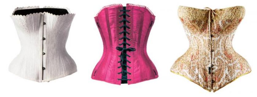 Biały, bawełniany gorset, 1785 r., Anglia. Jedwabny, haftowany gorset, 1905 r., Victoria Albert Museum,