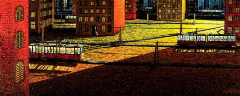 Adam Patrzyk Pejzaż miejski z dwoma tramwajami