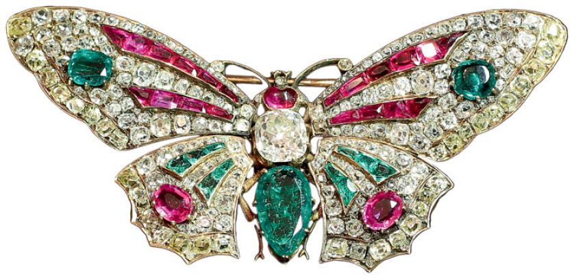 Broszka ze srebra i złota zdobiona szmaragdami, rubinami i diamentami, A.E. Köchert, 1900 r., Leopold Museum, Wiedeń