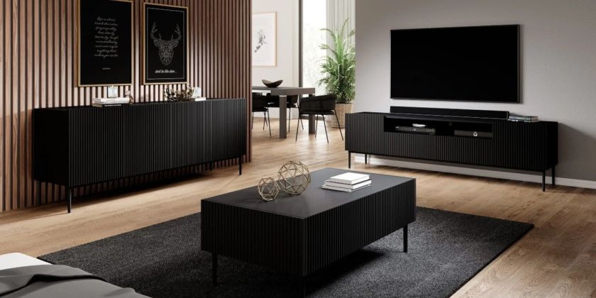 ryflowane fronty mebli zestaw z lamelami na ścianie