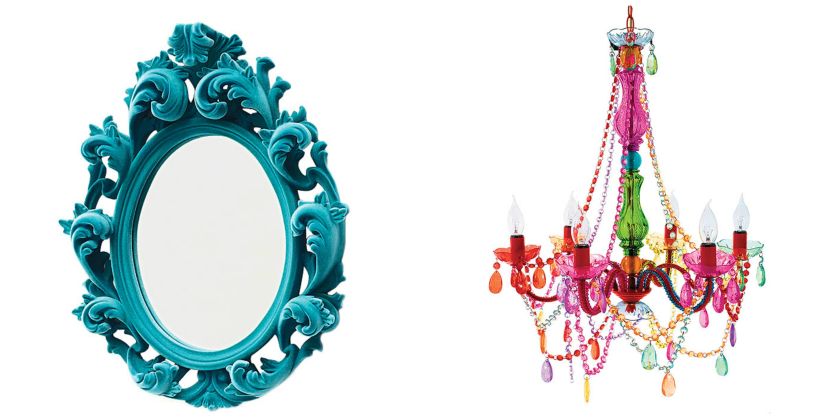 (z lewej) Aksamitne lustro Versailles, 1800 zł ploneres.pl (z prawej) Żyrandol Gypsy Duży, kolorowy, Present