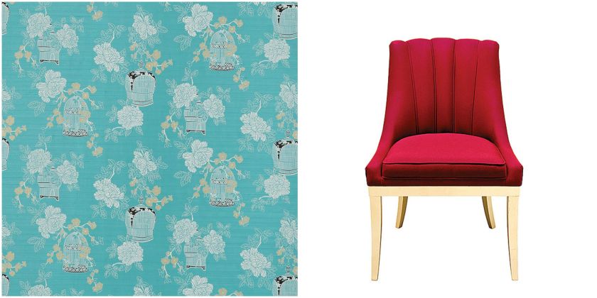 (z lewej) Tkanina Akemi, Harlequin, 340 zł/m impresje.pl (z prawej) Krzesło tapicerowane Kayapo, brabbu.com