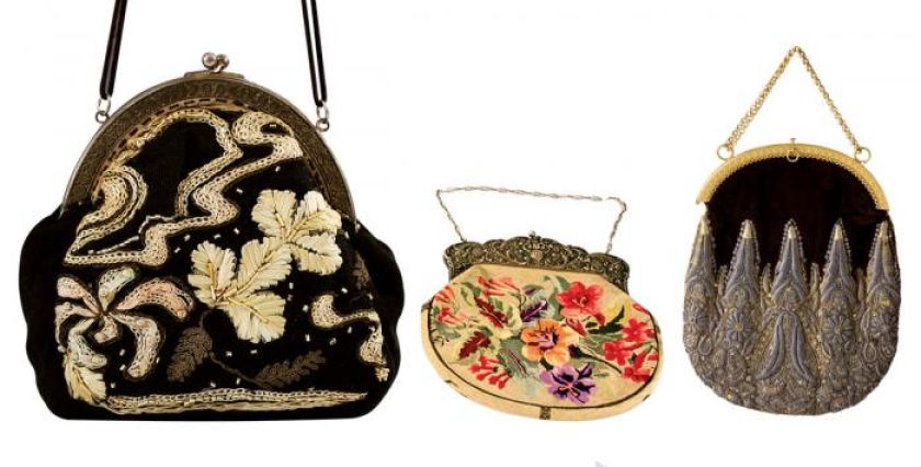 Torebka z jedwabiu, zdobiona haftem na tiulu, przędzą jedwabną i szychem złotym, Polska, 1900-1920 r.,