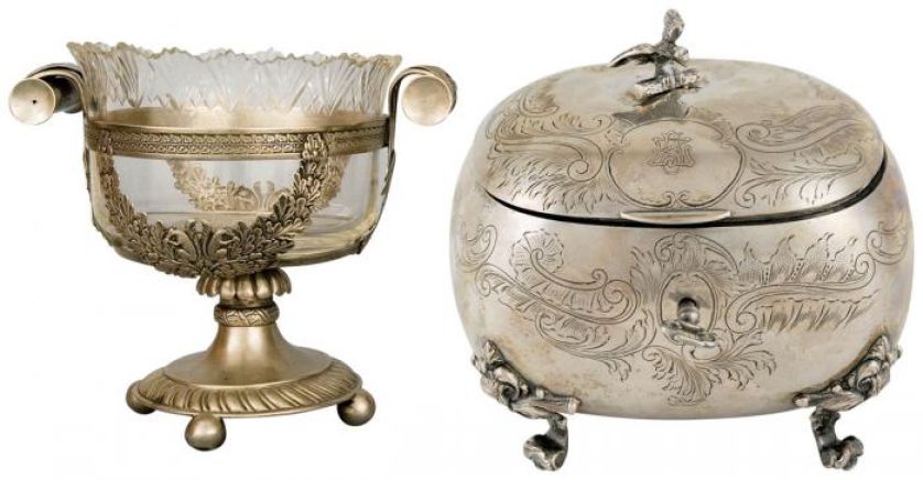 Srebro, 1 poł. XIX w., cw 4000 zł, OSTOYA. Cukiernica skrzynkowa, srebrna, Wiedeń, koniec XIX w., cw 3300 zł, REMPEX