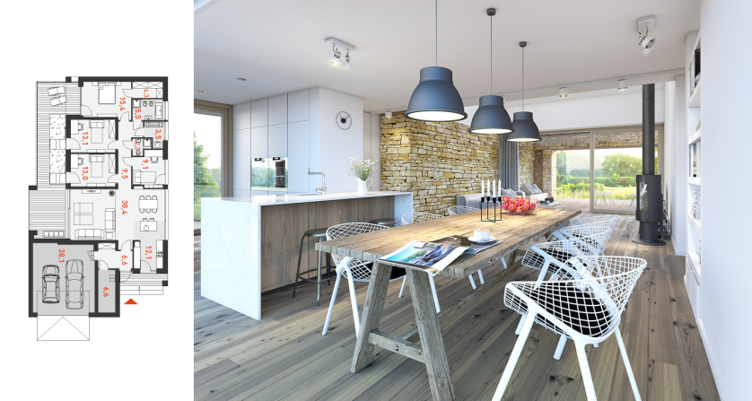 Wnętrze domu parterowego w skandynawskim stylu