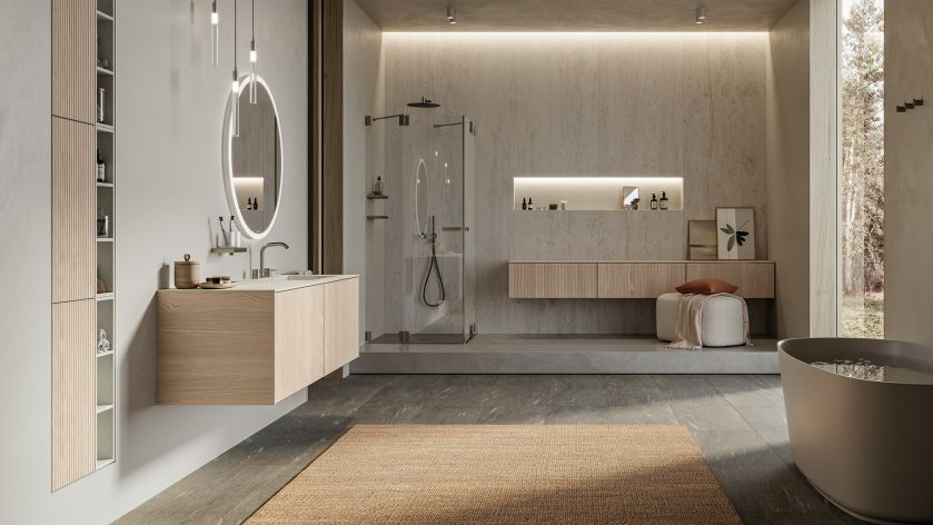 naturalne drewno w matowej łazience