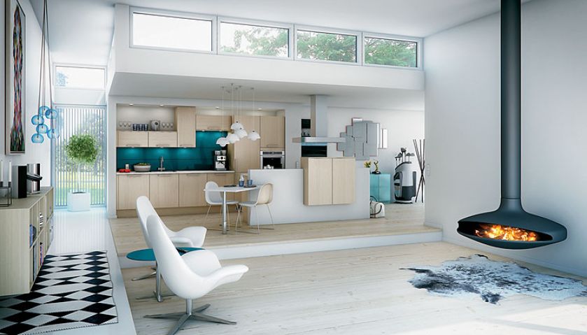 Z zabawną wyspą i kolorem szafek (bielony dąb), który pasuje do podłogi w salonie. Propozycja za około 9500 zł. HTH