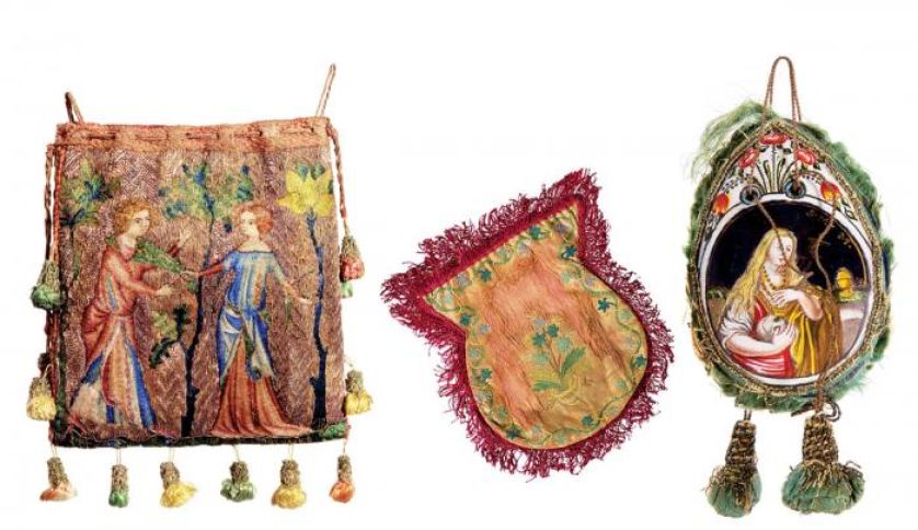 Lniana torba z haftem przedstawiającym dworską scenę miłosną, 1320 r., Francja. Muzeum Sztuki i Rzemiosła