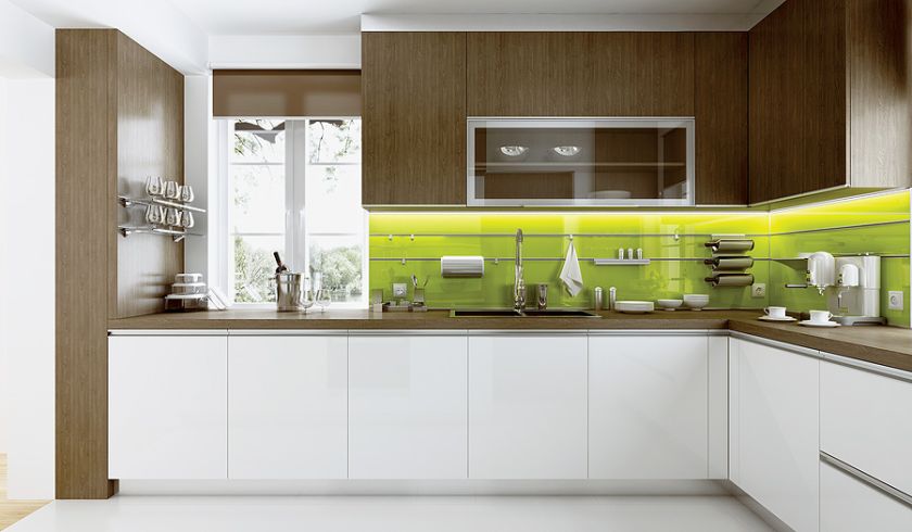 Elegancko – w brązie i zieleni, fronty aluminiowe ze szkłem, oświetlenie LED, Zobal