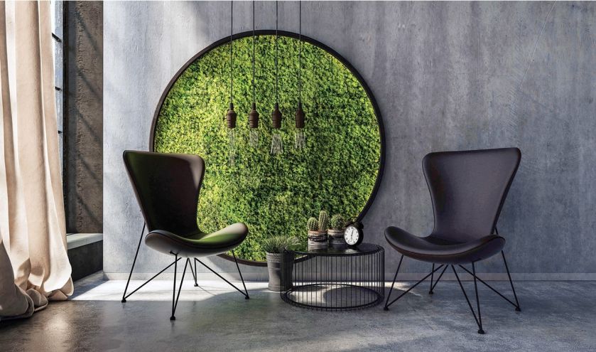 Ściany z chrobotka reniferowego można podświetlić, by wydobyć jego fakturę. Firma Wyjątkowe Ogrody daje 3-letnią