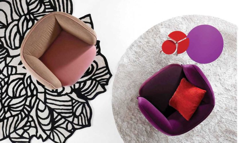 Atrakcyjny komplet – do foteli Chemise dobrze dobrany dywan oraz stoliki w ciekawym kształcie i niebanalnym kolorze, MY HOME