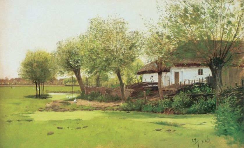 Roman Kochanowski, Zielony pejzaż z chałupą 1886 r., własność prywatna.