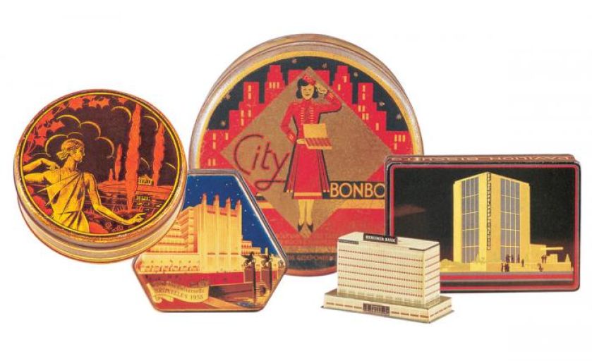 Puszki w stylu art déco z motywem architektonicznym.