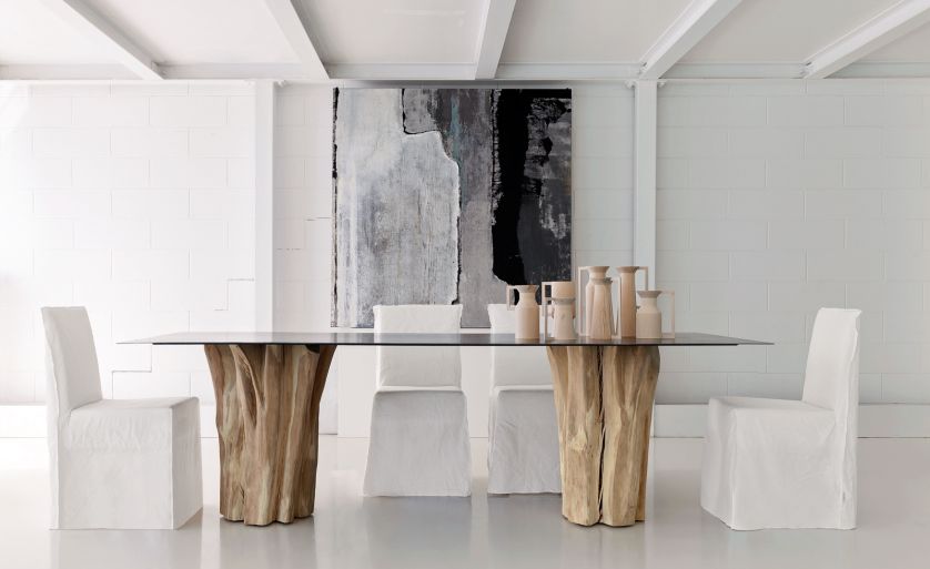 Stół z kolekcji Brick, ze szklanym blatem na podstawie z pni drzewa grabowego, GERVASONI, sf96.pl