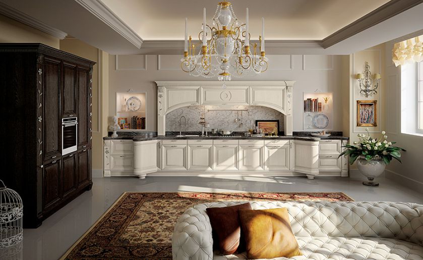 Kremowe fronty ze srebrną patyną i uchwyty z kryształkami Swarovskiego, Lube Cucine