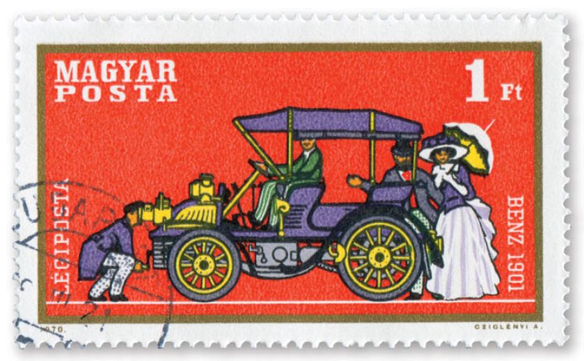 Znaczek pocztowy. Pan samochód i samochodziki