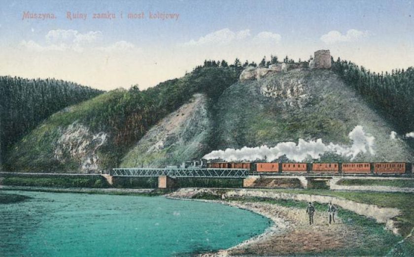 Pocztówka przedstawiająca ruiny zamku i most kolejowy w Muszynie, 1893 r., KOLEKCJA RYSZARDA KRUKA