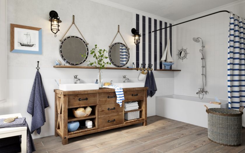 dwie umywalki w łazience w stylu marynistycznym