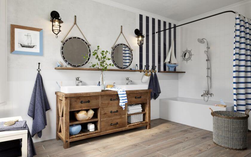 dwie umywalki w łazience w stylu marynistycznym